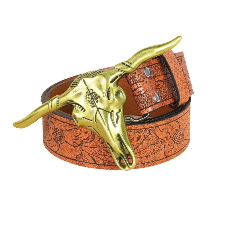 Men's black belt with a detailed cow head alloy buckle and pin buckle fastening.