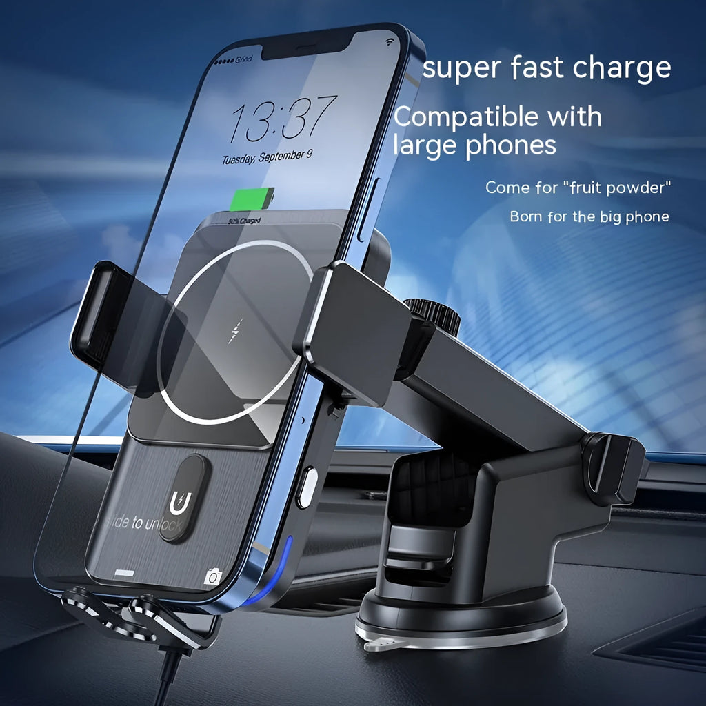 Black car wireless charger phone holder with 15W fast charging suction cup and clip mounts