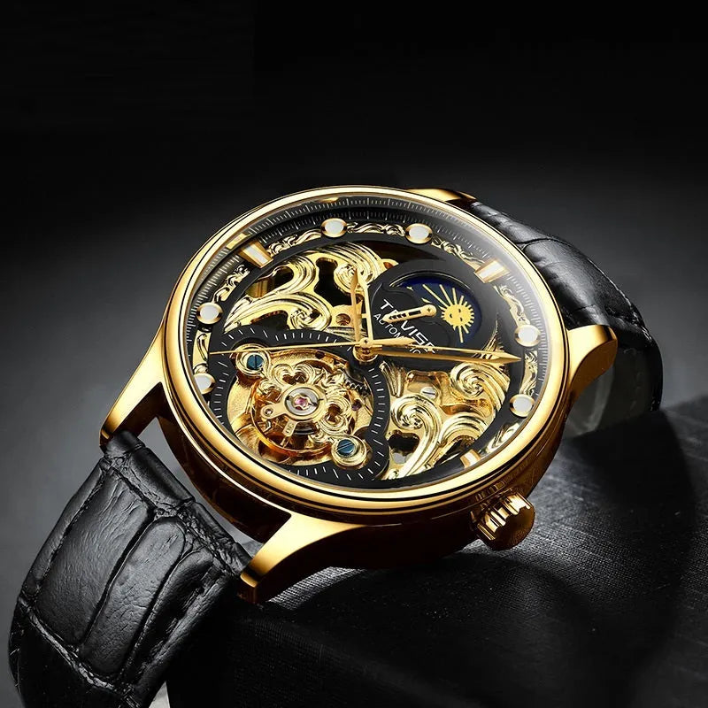 Men's gold leather automatic waterproof watch showing 16mm thickness