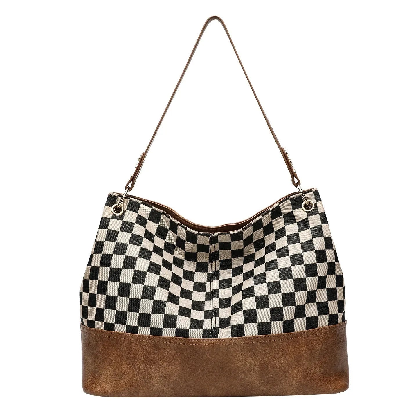 One-shoulder canvas PU stitching crossbody bag with open outer pocket, horizontal square shape, black colour, urban simplicity style