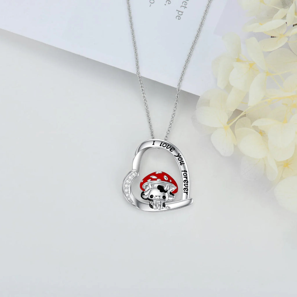 925 sterling silver cow necklace with mushroom hat pendant on love heart, silver, 18-inch cable chain