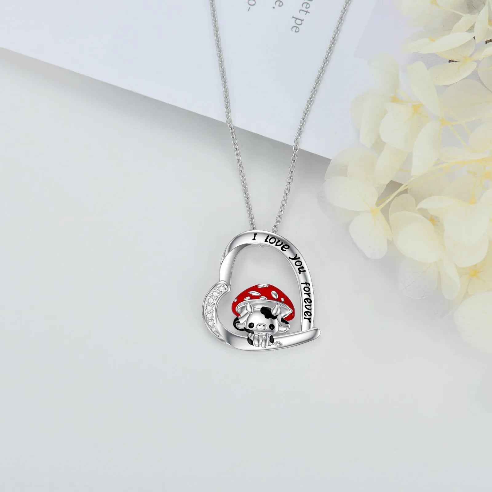 925 sterling silver cow necklace with mushroom hat pendant on love heart, silver, 18-inch cable chain