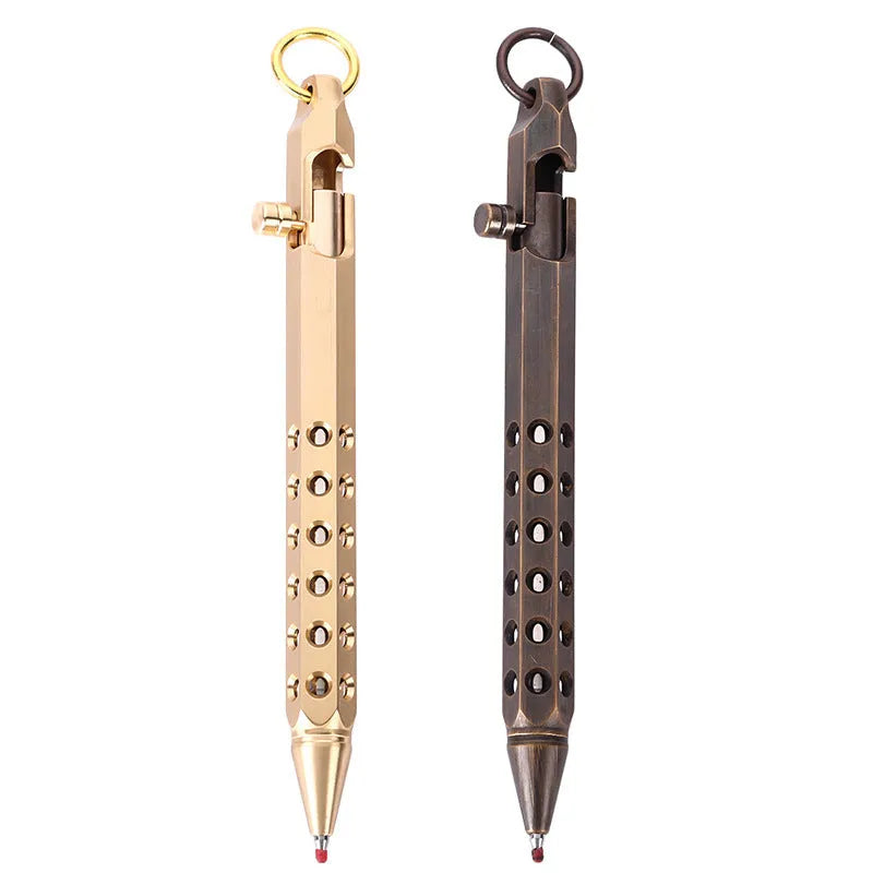 Hexagonal brass bolt action pen showing six-sided barrel and bolt mechanism