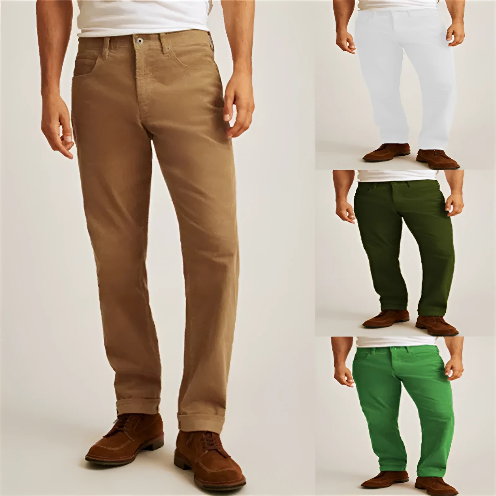 Straight leg corduroy trousers in army green colour, showing loose fit and zip fly detail.