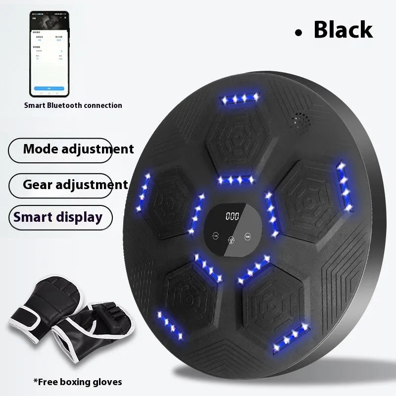 Smart music boxing machine hanging on wall with black PU surface and gloves