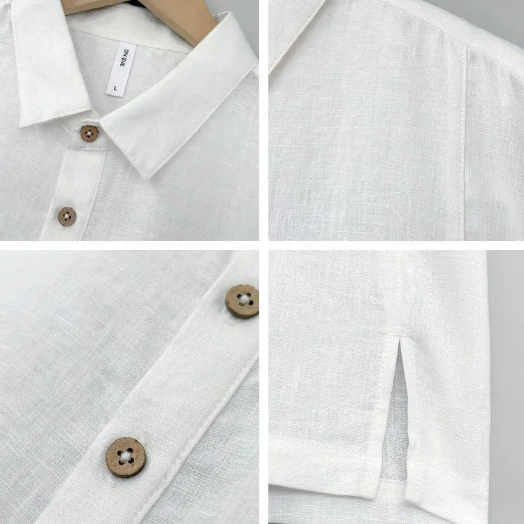 Men's loose fit linen short sleeve shirt in grey green with thin lapels
