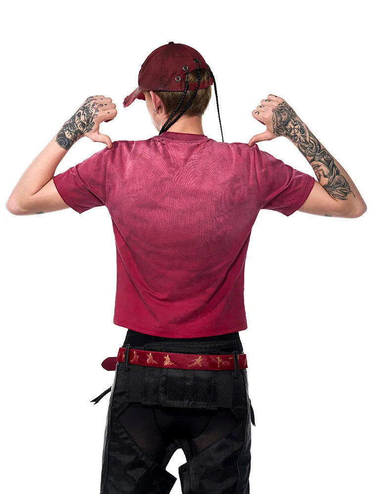 Men's red spray dirty washed distressed slim-fit short sleeve round neck T-shirt on model