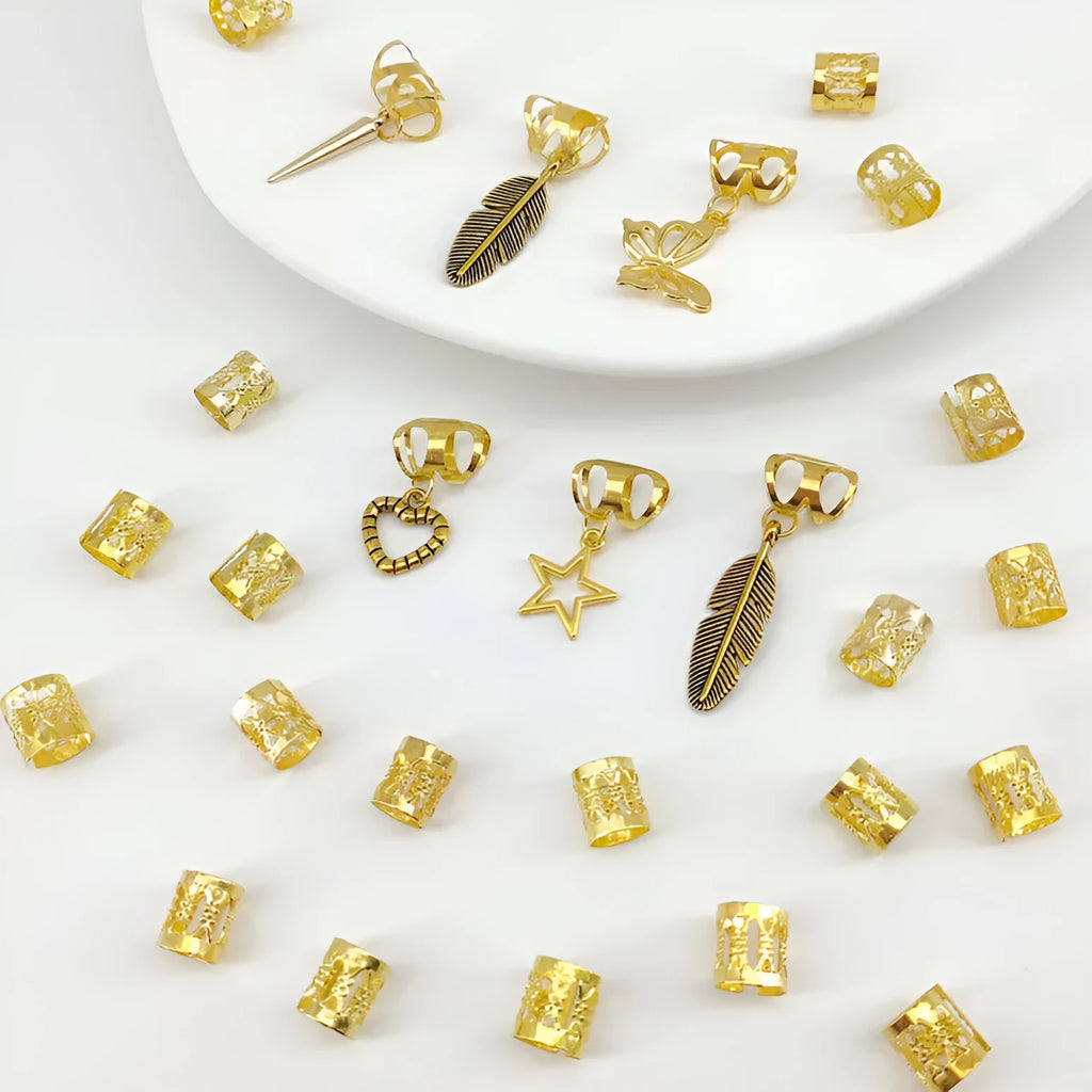 26-piece pack of alloy hair rings in gold with antique dirty braid design