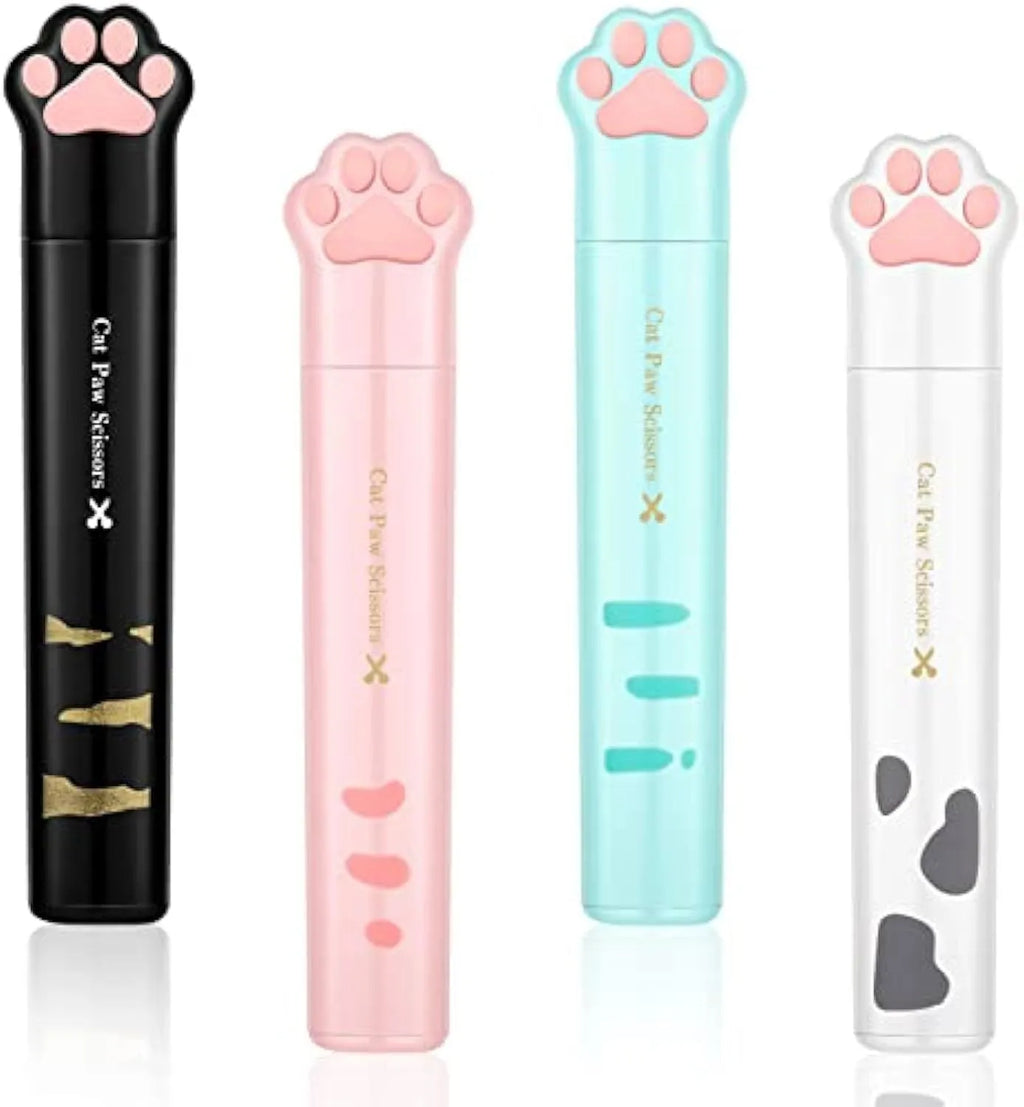 Small folding scissors with cat paw design on handles in choice of four colours, shown with blades safely closed.