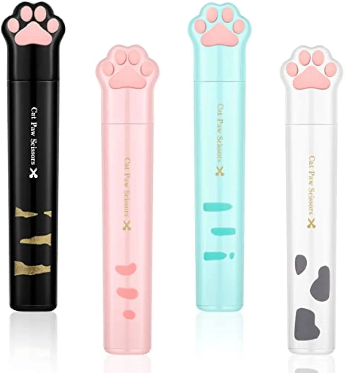 Small folding scissors with cat paw design on handles in choice of four colours, shown with blades safely closed.