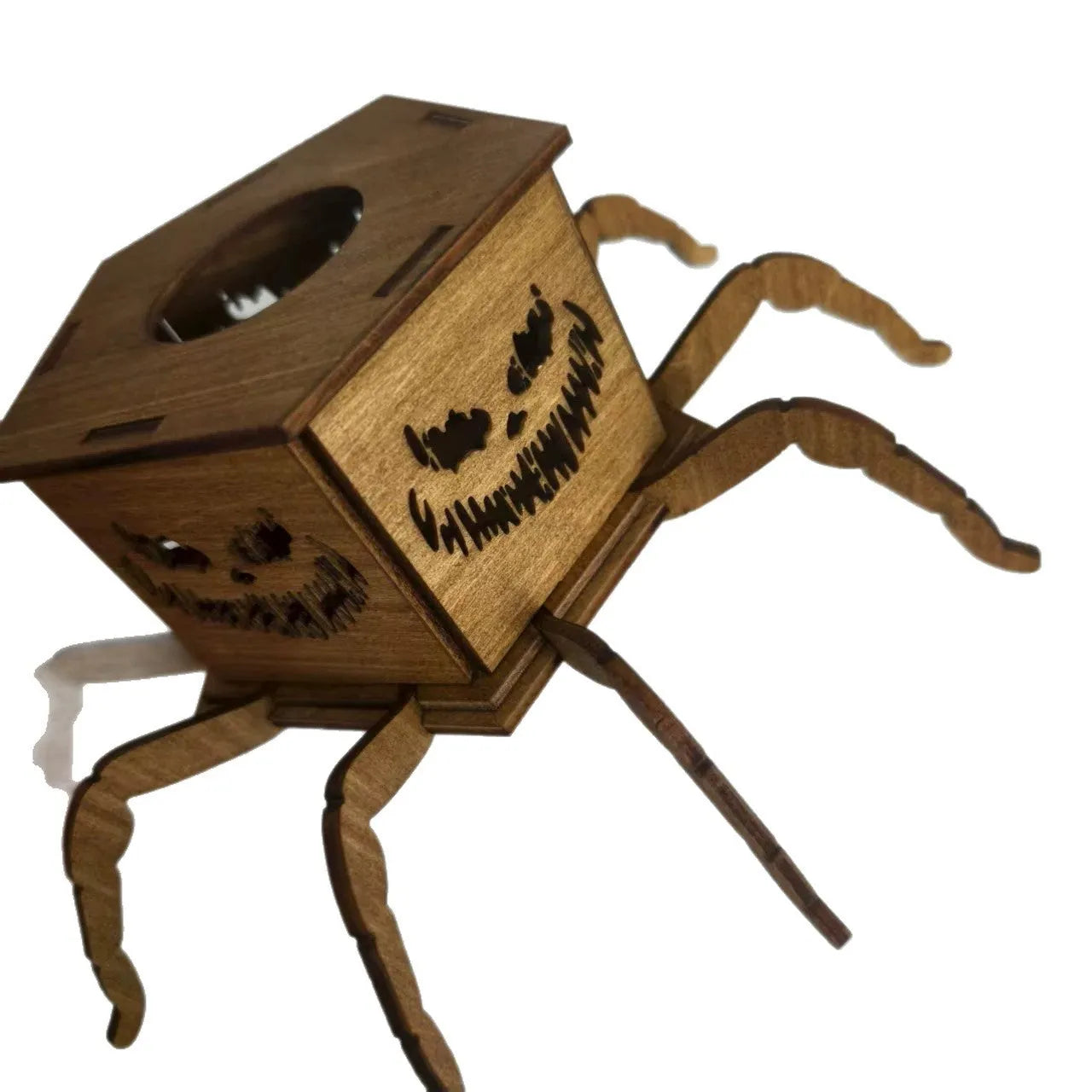 Wooden Halloween ornament with ghost and spider design on a lantern candlestick, 21cm tall.