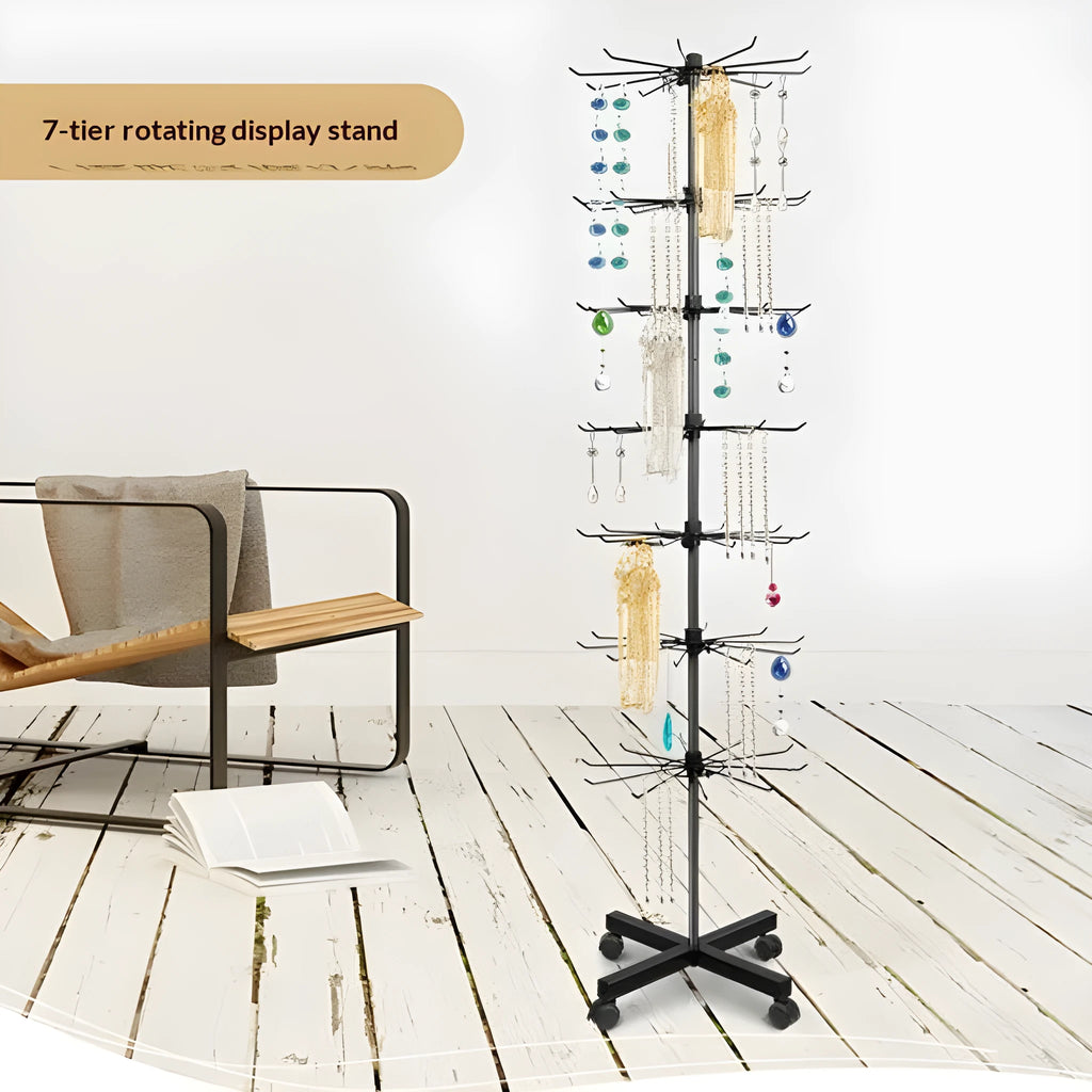 Iron accessory rack display stand with seven layers in black holding phone cases and gloves
