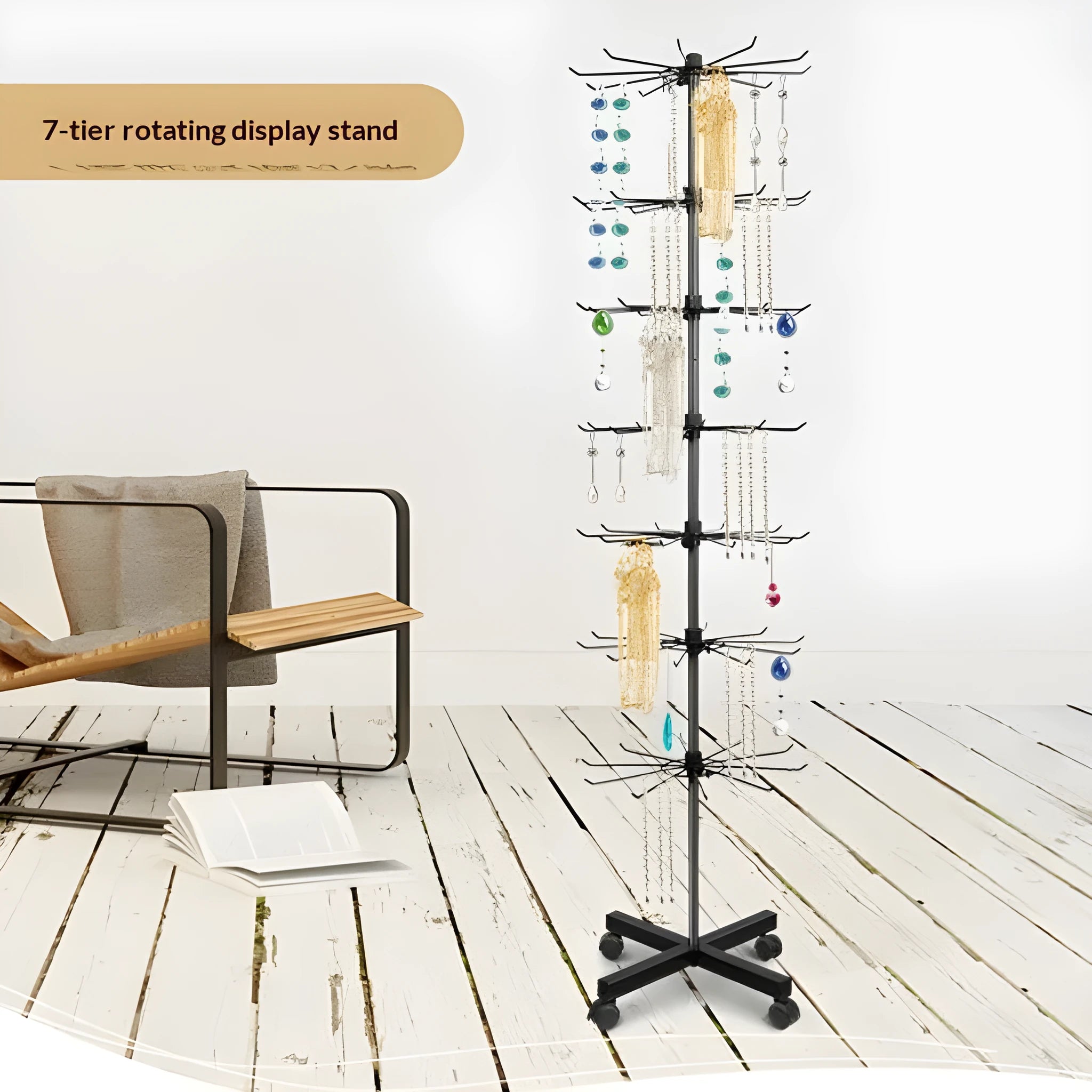 Iron accessory rack display stand with seven layers in black holding phone cases and gloves
