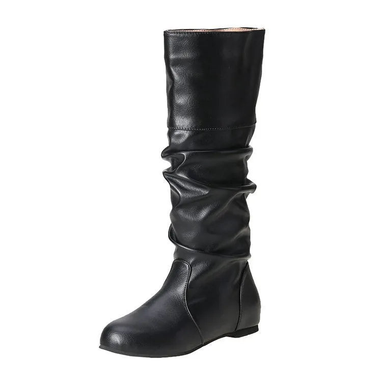Women's black flat-heel slip-on long boots with a high shaft and round toe.