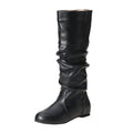 Women's black flat-heel slip-on long boots with a high shaft and round toe.