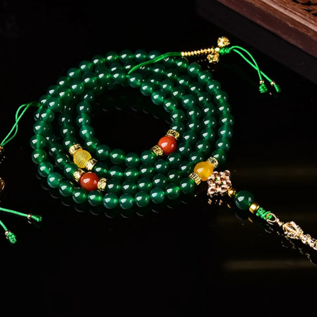 Natural green agate multi-circle bracelet on display showing 8mm bead size unisex design
