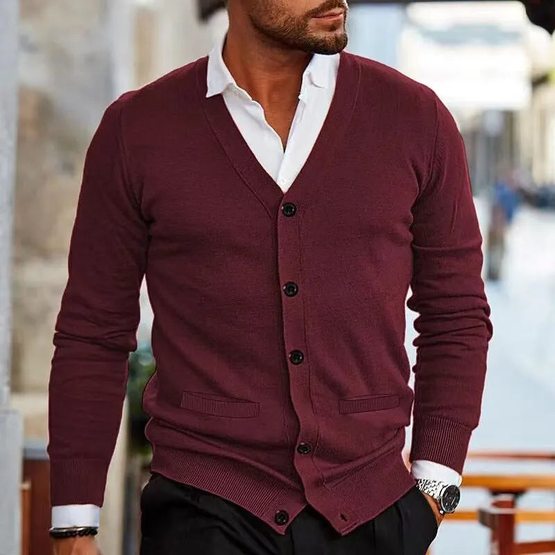 Men's slim fit acrylic cardigan sweater in a selection of colours including black, grey, and wine red.