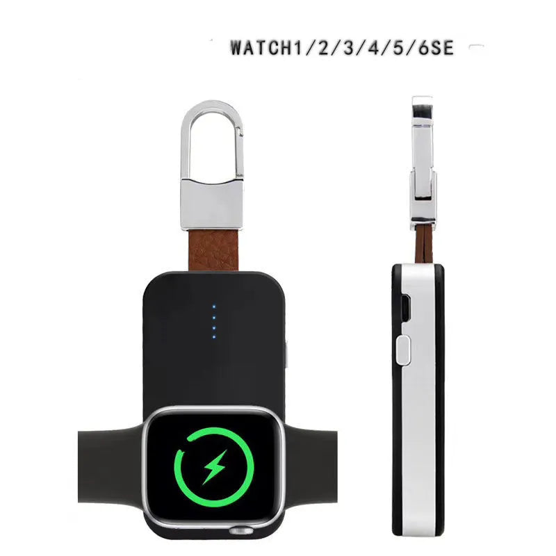 Black Apple Watch portable power bank keychain charger showing compact 127mm design
