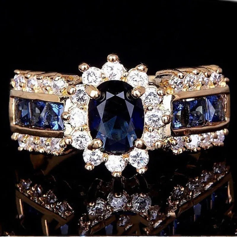 Zinc alloy fashion ring with diamond treatment in sunflower blue, square blue zircon, and square purple zircon style options.