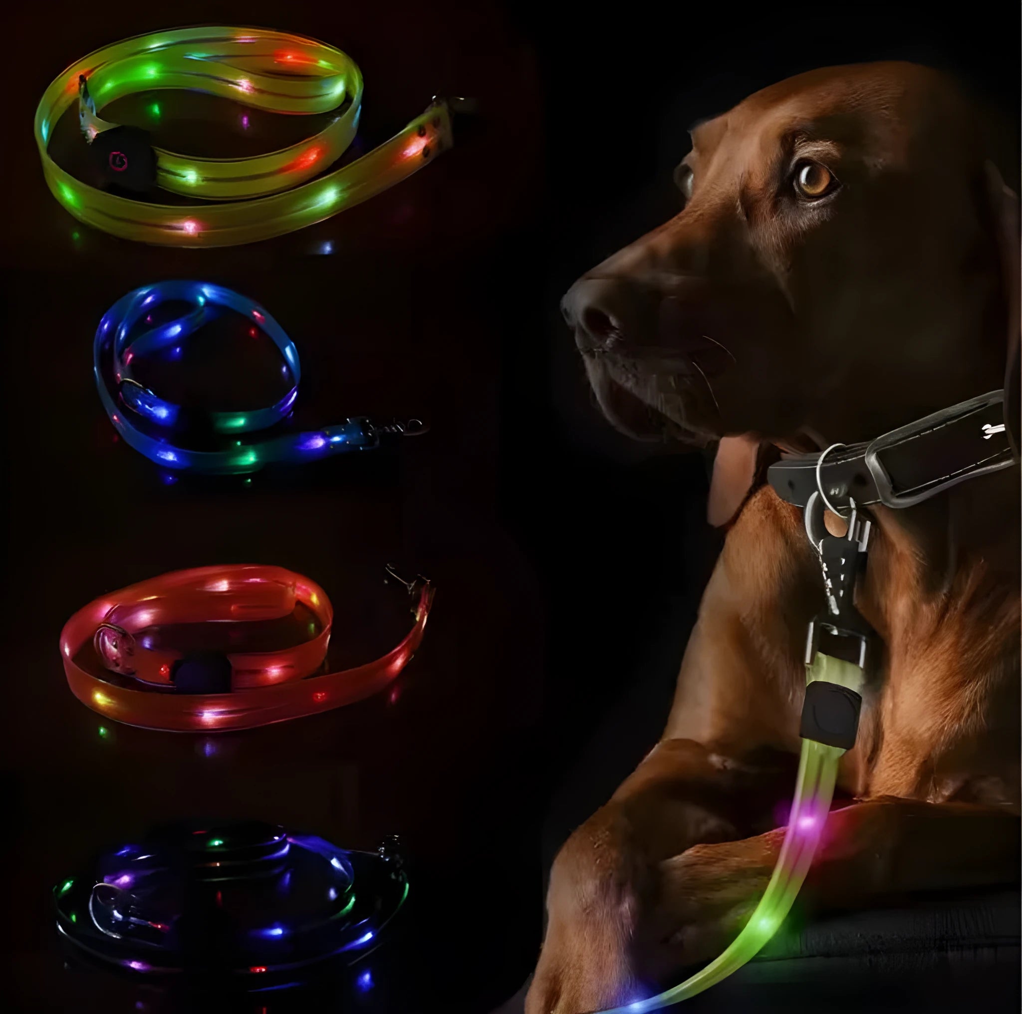 Luminous dog leash in fluorescent green with hand-holding lead and PVC rope construction on white background