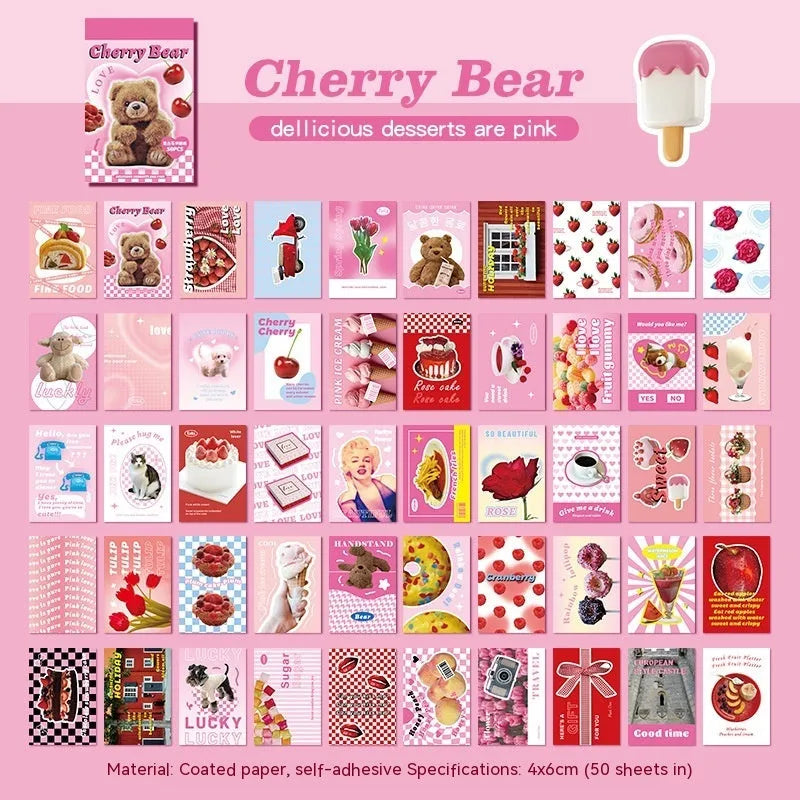 American retro cartoon sticker book with 50 sheets, each measuring 4x6cm, shown in multiple colour options.