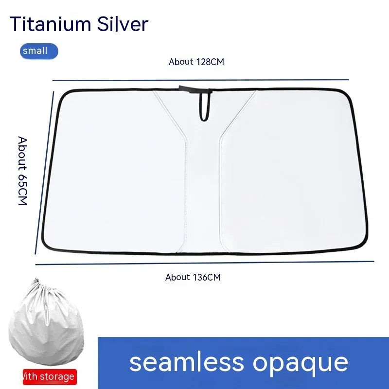 Car front sun shield made of NC fabric with a titanium silver reflective coating, shown rolled up.