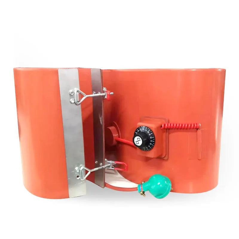 Flexible silicone rubber heating belt wrapped around a 200-litre oil drum with a control unit.