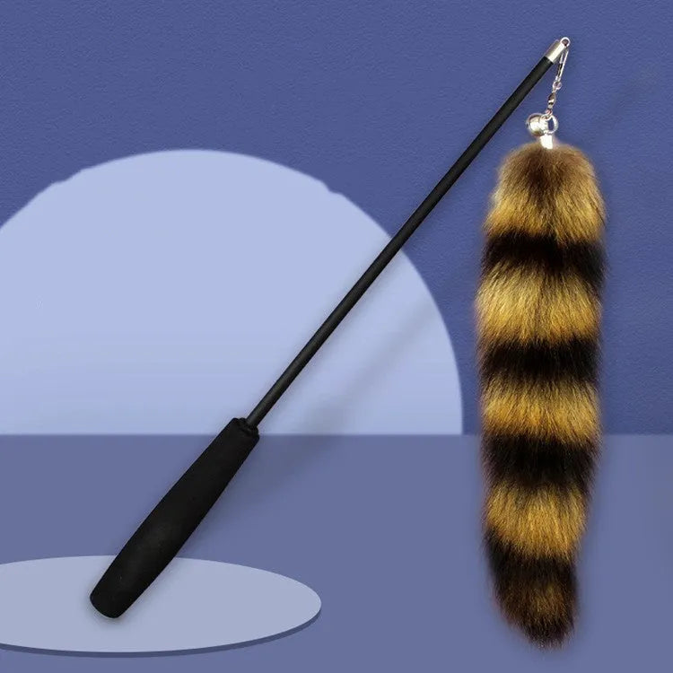 Black cat toy wand with feather teaser on elastic string, 42 cm long