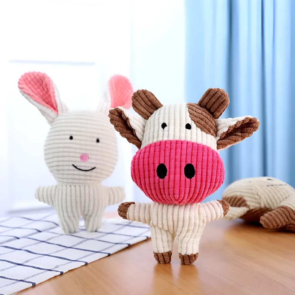 Cute animal shape plush dog chew toy in bright colour for small medium dogs and cats with squeaky sound