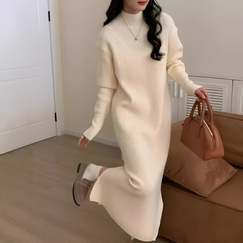 Half turtleneck acrylic knit dress in beige with high waist and midi length for office wear