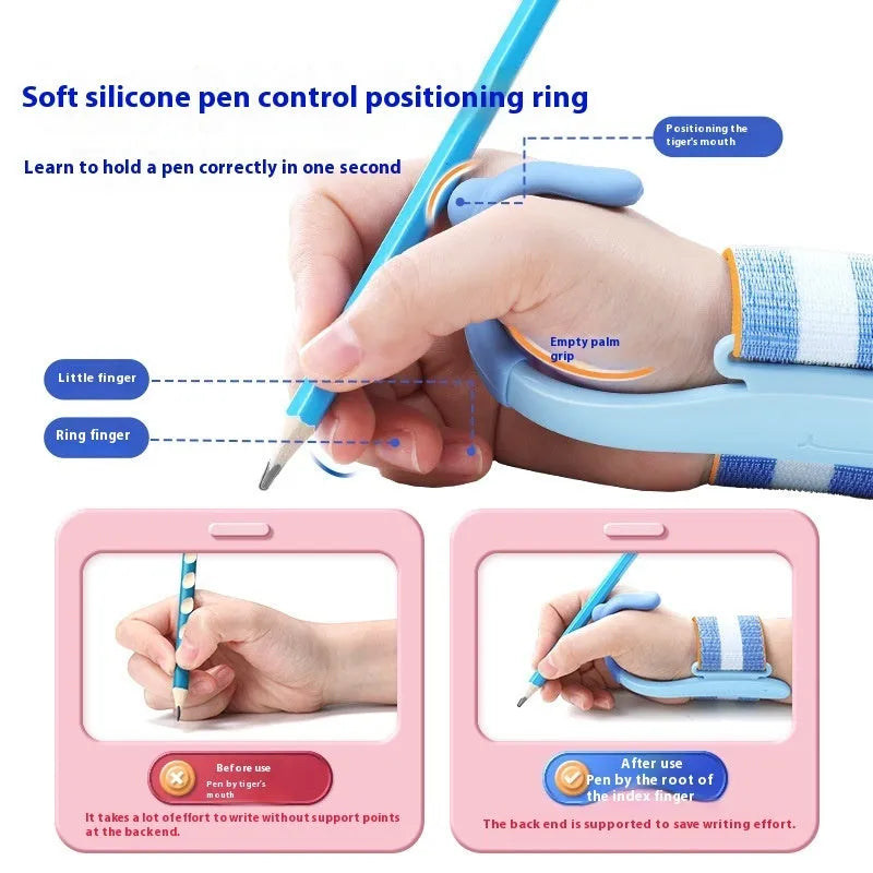 Blue anti-hook pen control corrector showing ABS nylon construction for handwriting improvement