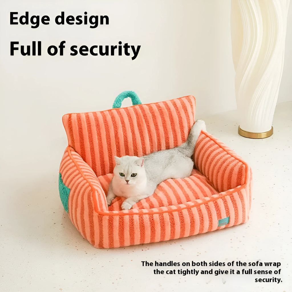 Striped soft velvet dog bed with a removable washable cover in orange, purple, or yellow.
