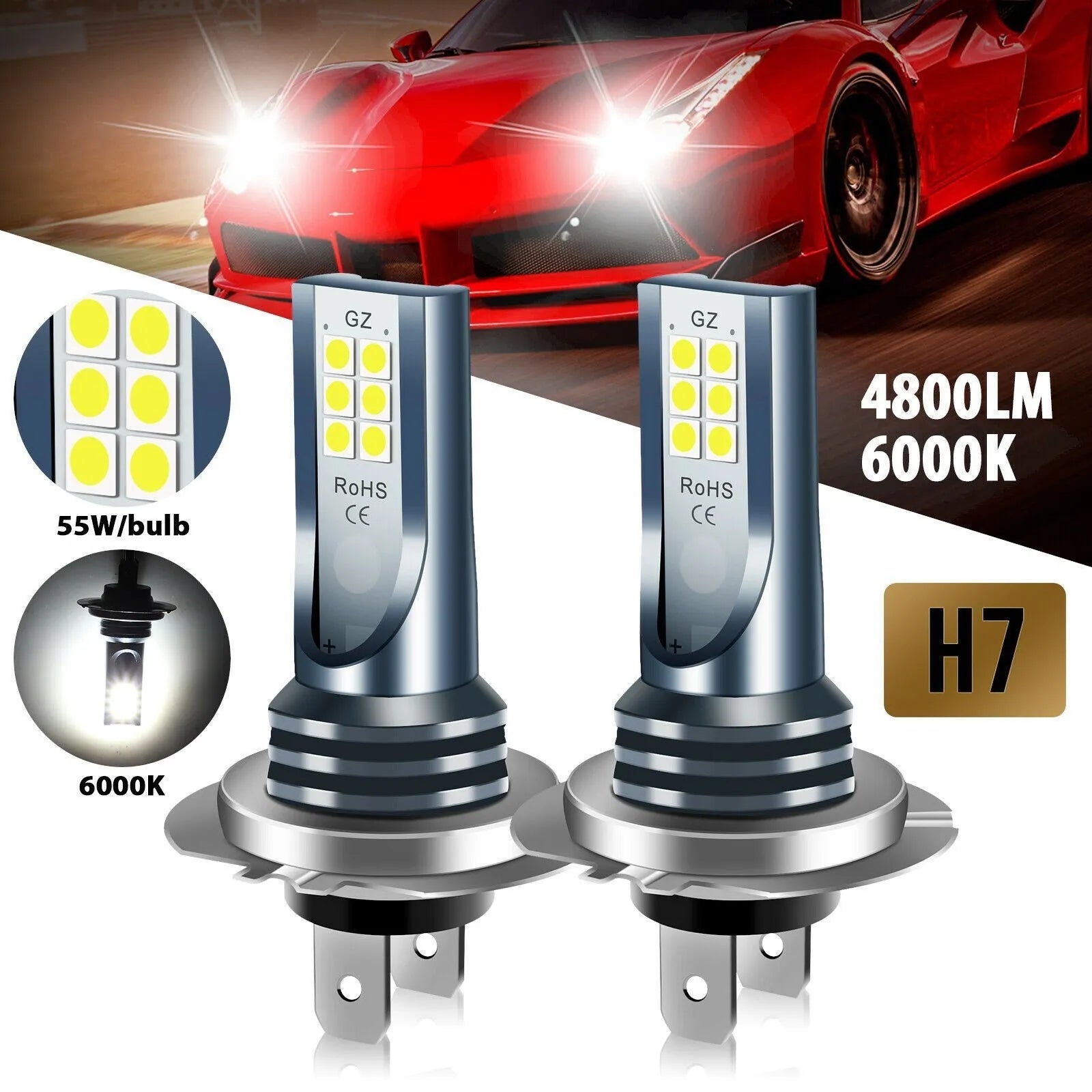 Close-up of a 12 SMD LED car fog light bulb with aluminium housing for H7 9005 H11 fitment.