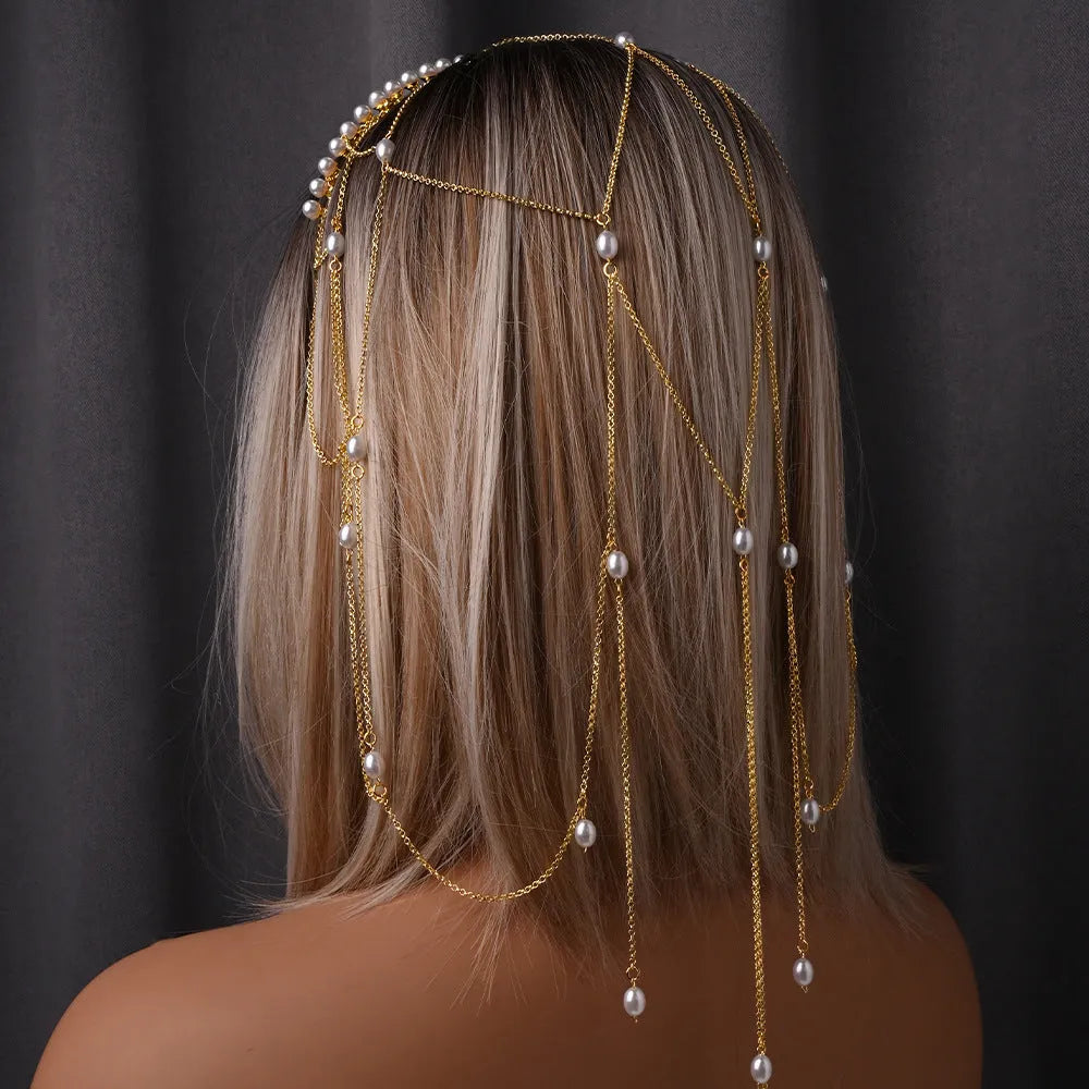 Gold and silver pearl mesh tassel hair chain for women on a white background.