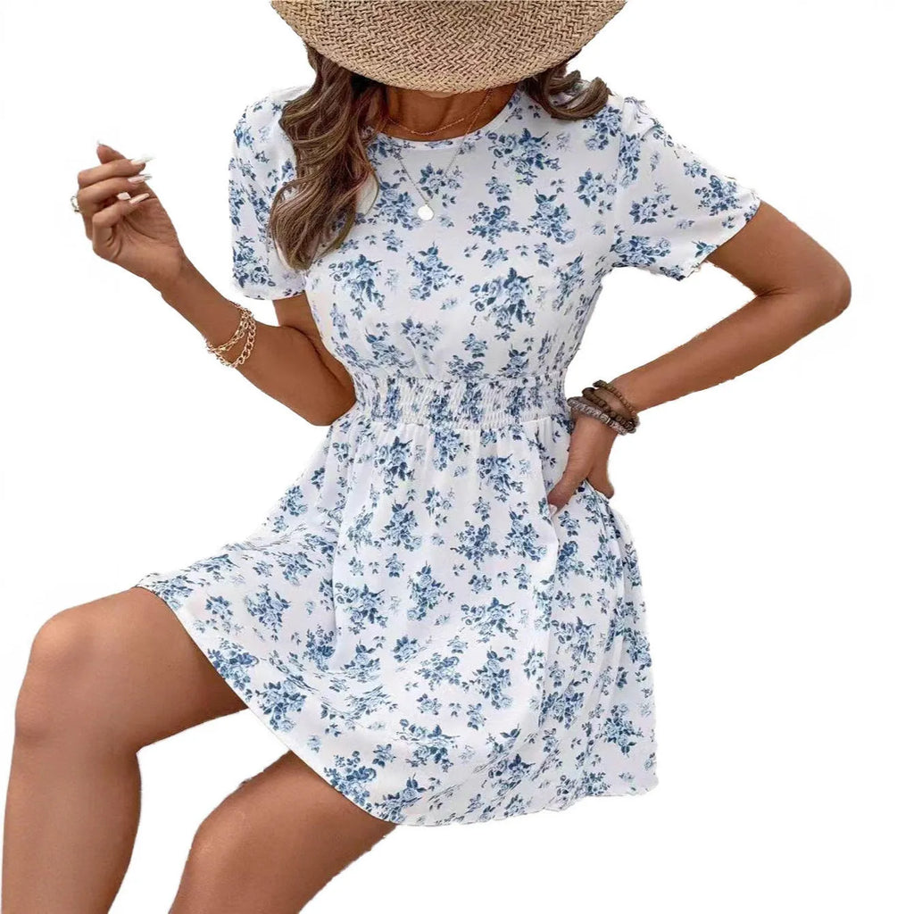 Light blue A-line midi dress with high waist and regular sleeves