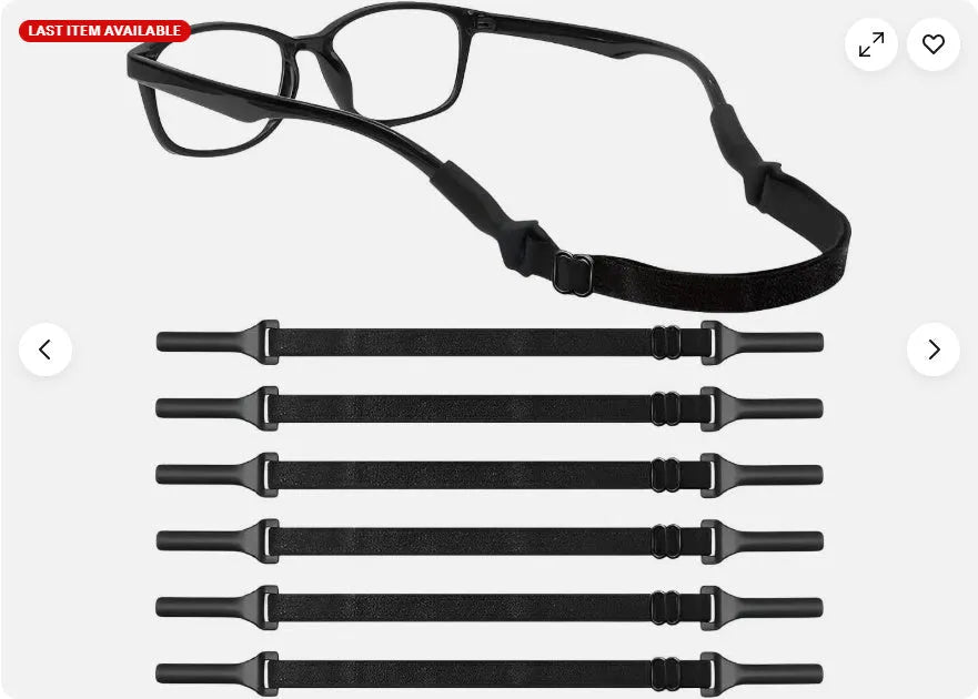 Black adjustable glasses cord with silicone ends for securing spectacles against loss.