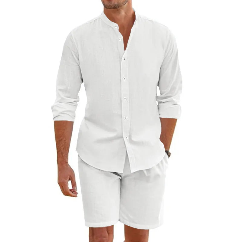 Men's dark grey linen blend short sleeve shirt and matching shorts two-piece set laid flat.