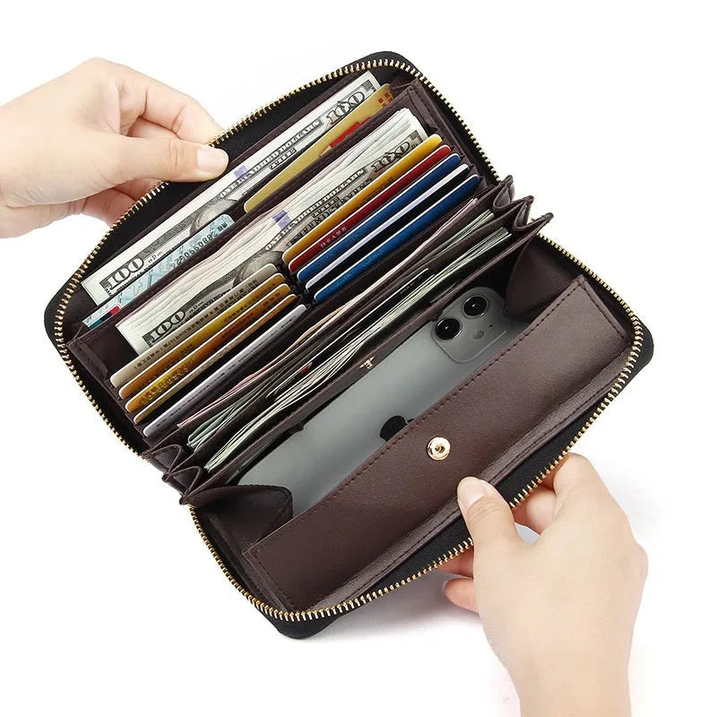 Long women's genuine leather wallet in solid colour with anti-theft card swiping feature and large storage capacity