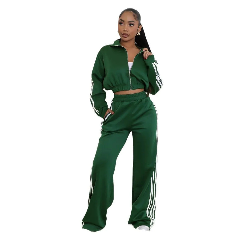 Striped two-piece zipper sweater set in polyester fabric with street hipster styling