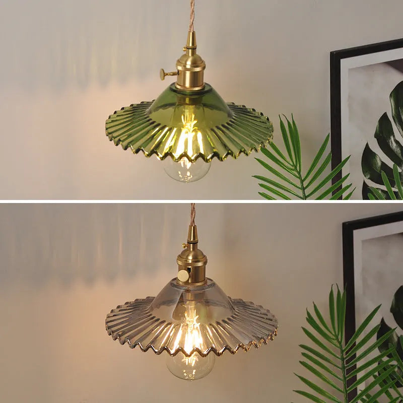 Copper retro brass lotus wall lamp with glass shade in choice of six colours on wall