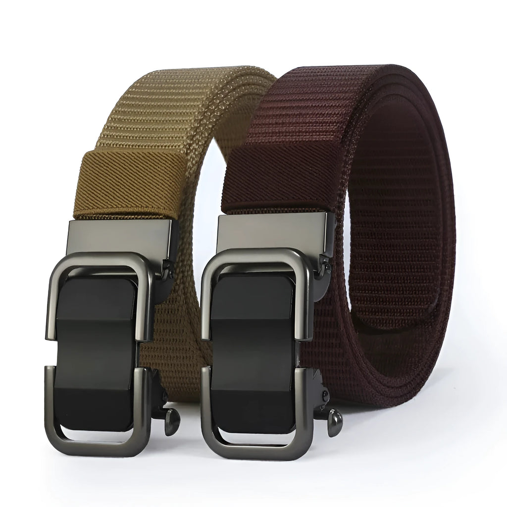 Men's toothless nylon canvas belt with alloy buckle in 120cm length showing multiple colour options