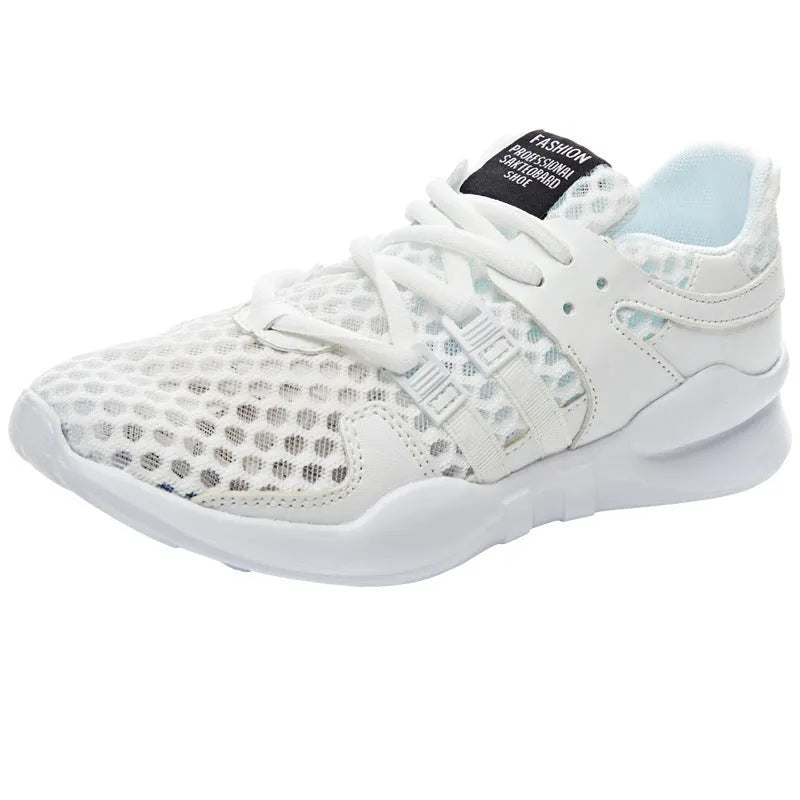 Low-top casual sneaker with hollow breathable mesh upper and round toe in a white net colour variant.