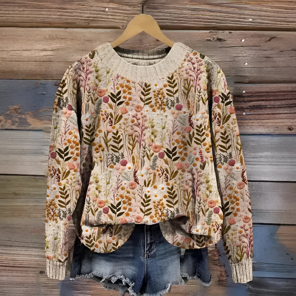 Women's Little Flower digital printed floral pattern round neck long sleeve polyester sweater