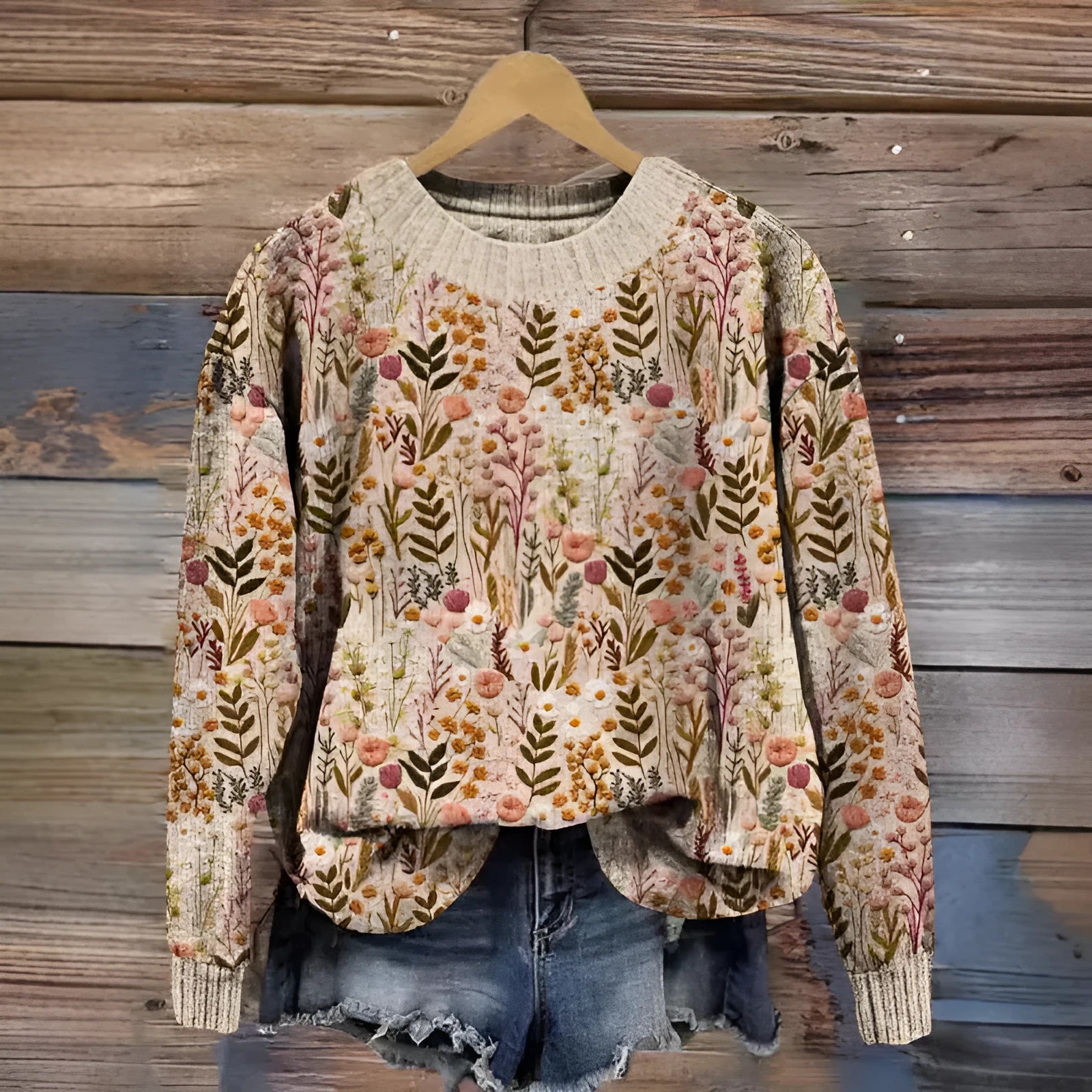 Women's Little Flower digital printed floral pattern round neck long sleeve polyester sweater
