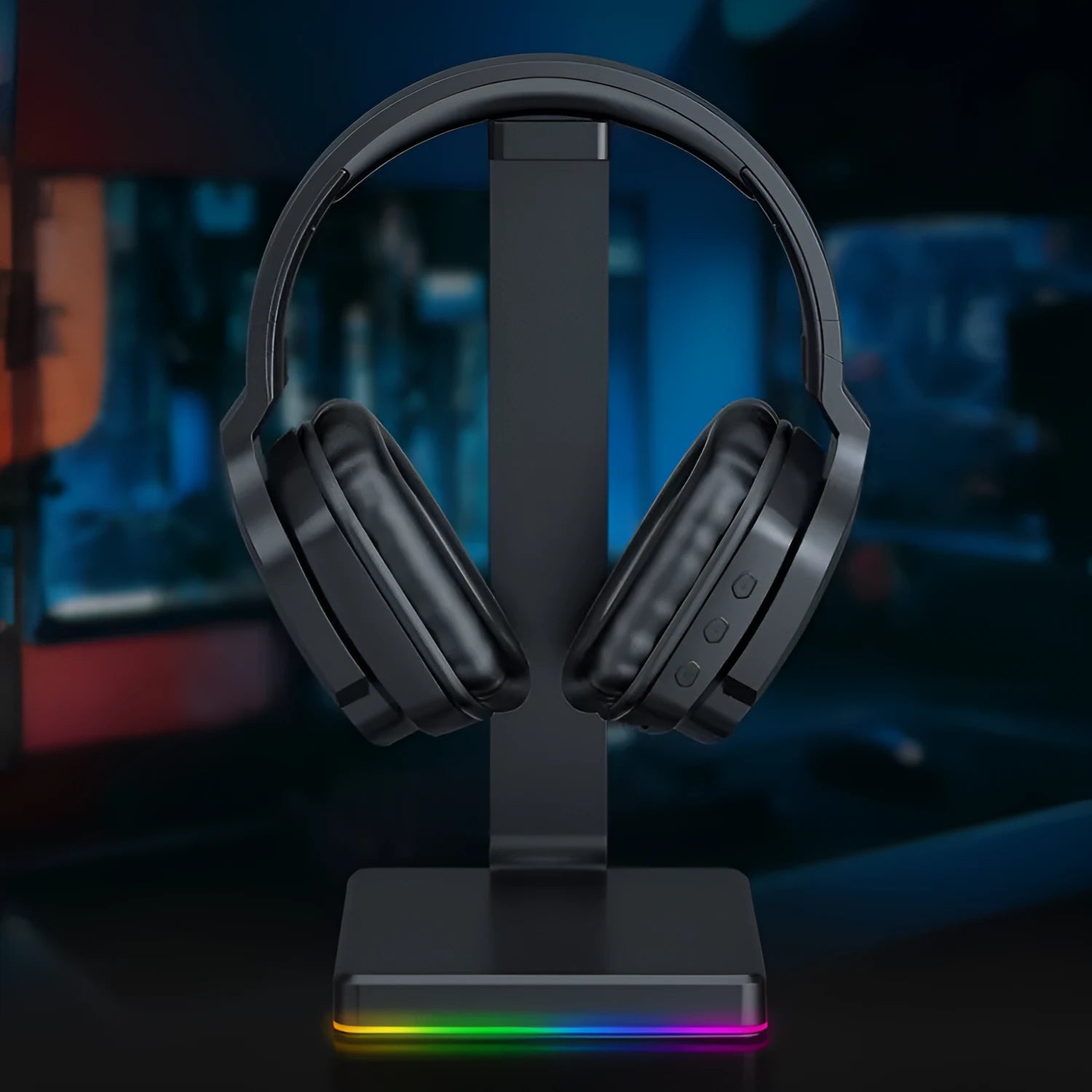 Luminous black head-mounted noise reduction wireless gaming headphones with stereo bass and 15-metre range