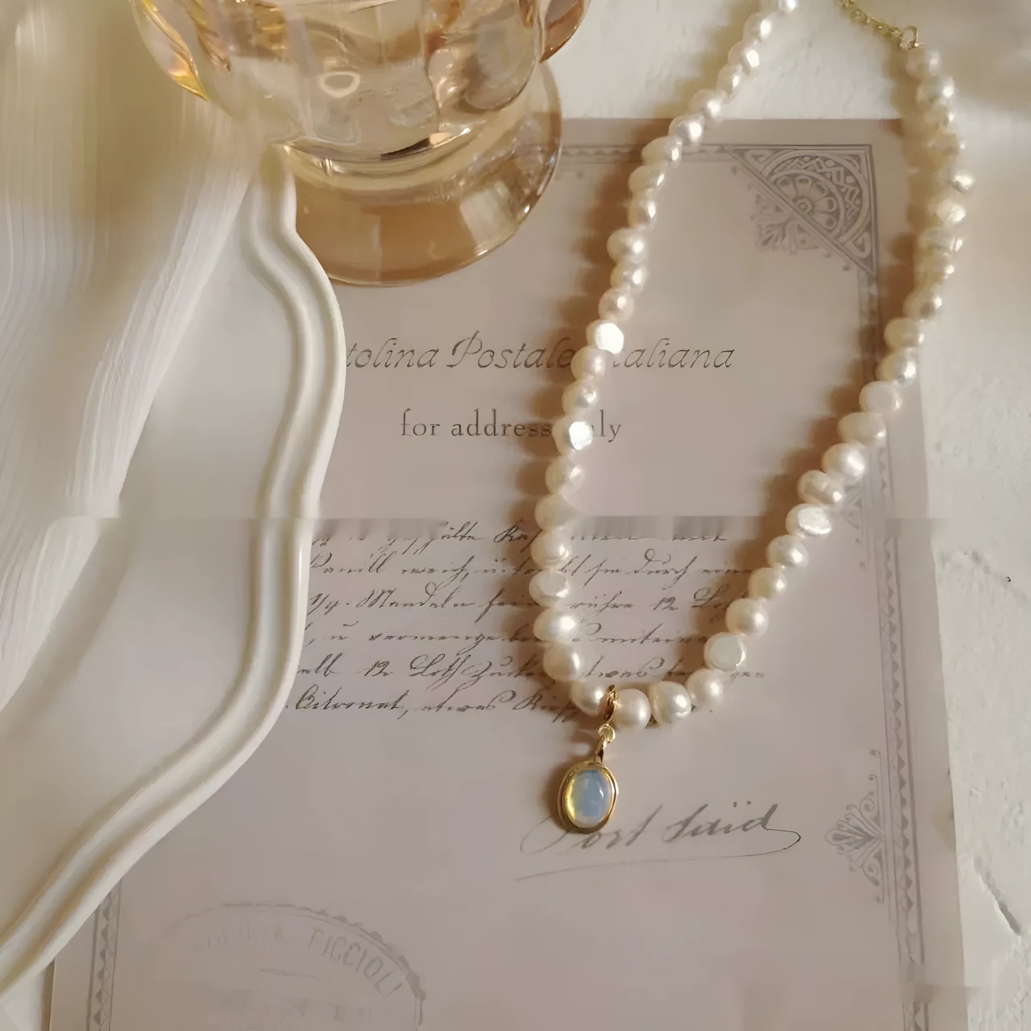Adjustable French Court Vintage Pearl necklace with geometric pendant on metallic chain