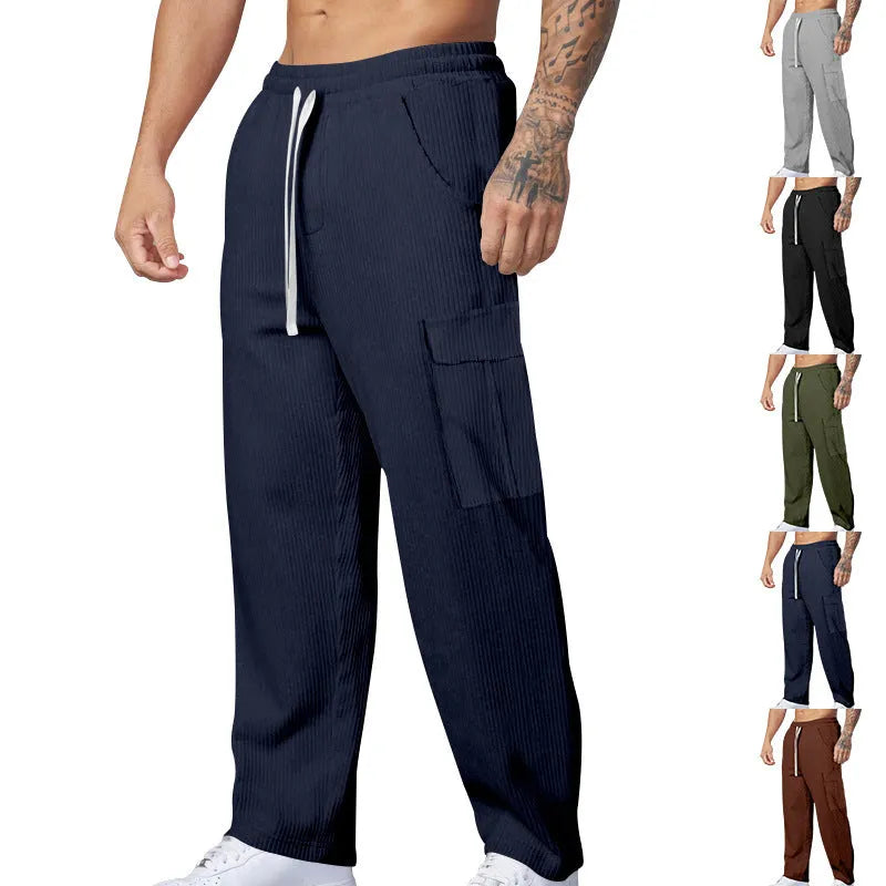 Men's straight-leg corduroy cargo trousers in navy blue with an elastic drawstring waist.