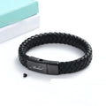 Black leather and stainless steel casket bracelet with weaving texture and English letter engraving