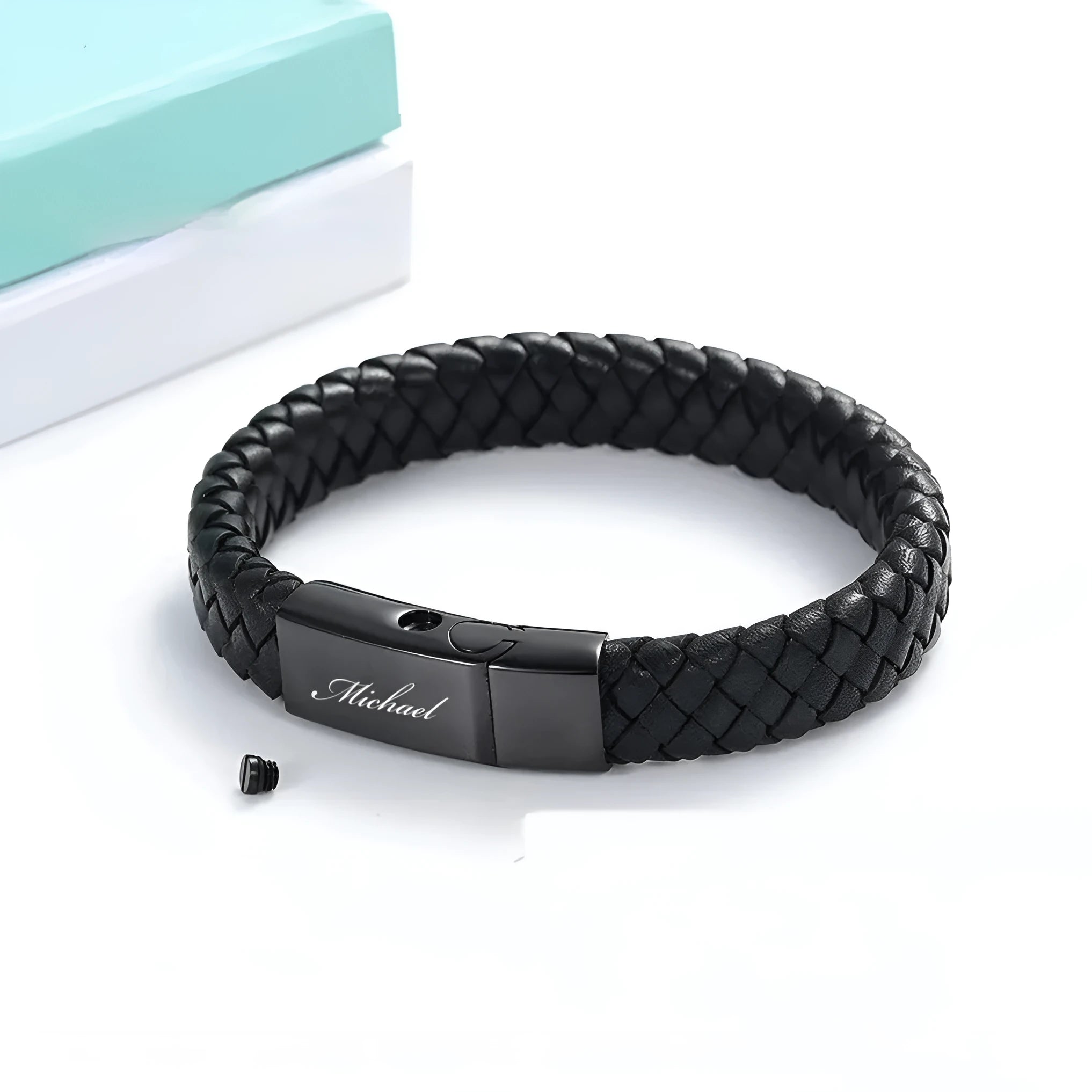 Black leather and stainless steel casket bracelet with weaving texture and English letter engraving