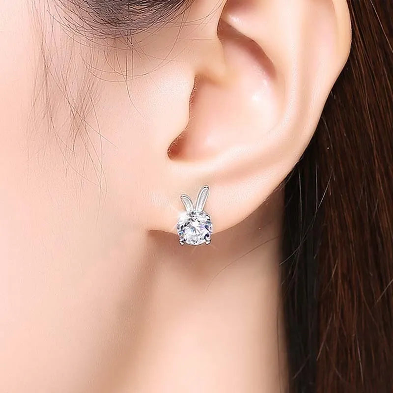 Rabbit moissanite sterling silver ear studs 925 silver 1 karat option